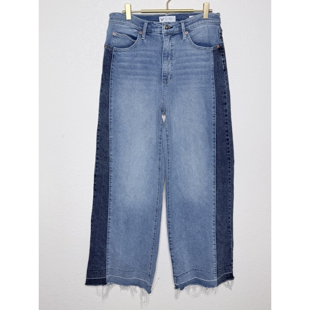 Jessica Simpson Freesia Wide Leg High Rise Jeans Women 8 Raw Hem Blue Boho